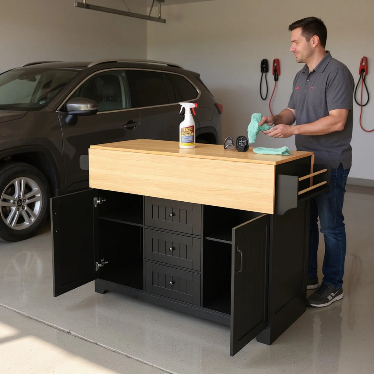 Homy Casa Rolling Large Garage Storage Cabinet with Dual Drop Leaves, Power Outlets for Office Gym, School