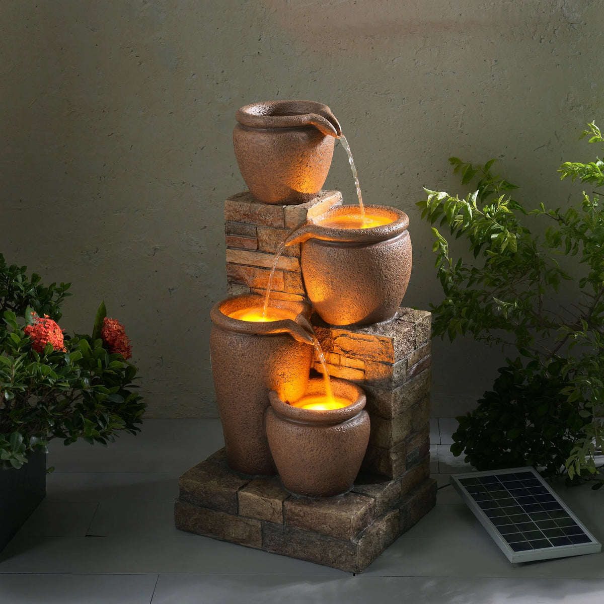 Teamson Home 30.71" 4-Tier Cascading Bowl Solar Powered Water Fountain for Outdoor Living Spaces, Terracotta
