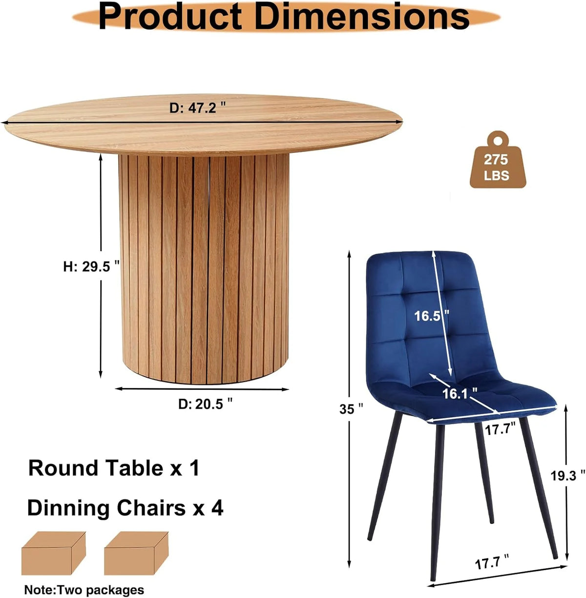 5 Piece Round Dining Table Set - Mid-Century 47 inch Oak Dining Table with 4 Brown Faux Leather Chairs Set, Dinner Table & Chair with Metal Legs for Kitchen Dining Room, Apartment, Bedroom