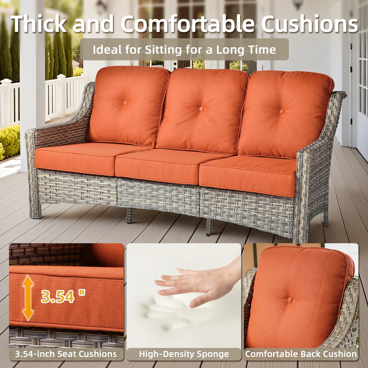 Ovios Outdoor Patio Sofa 3-Seater with Cushions All-Weather Wicker Rattan Couch for Garden, Porch, or Backyard
