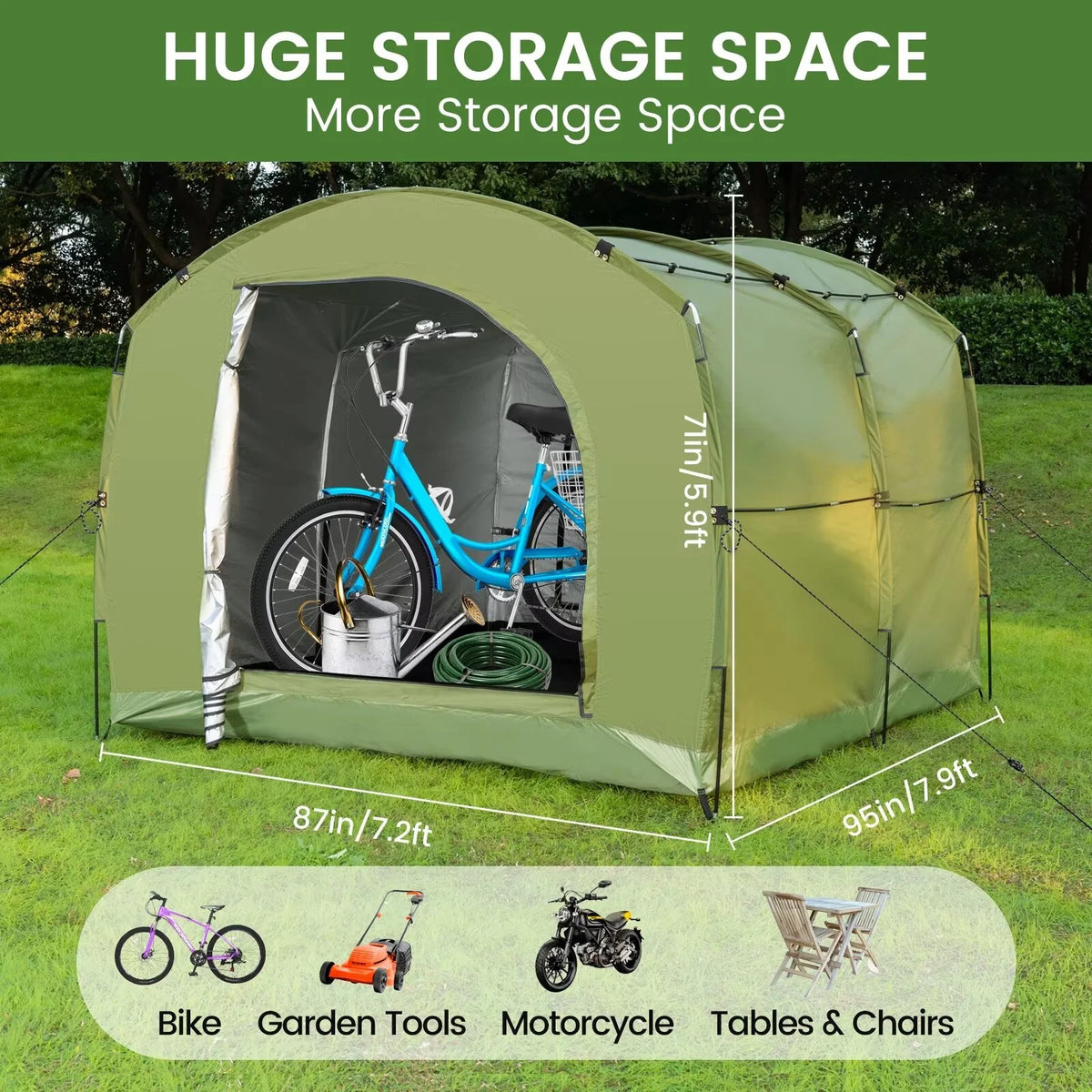 NAIZEA Large Bike Storage Tent, 47" Depth Storage for 6 Bikes Waterproof Outdoor Bicycle Cover, Lawn Mower Garden Tools Shed, Backyard Storage Room Tent Shelter W/Fixing Peg & Rop