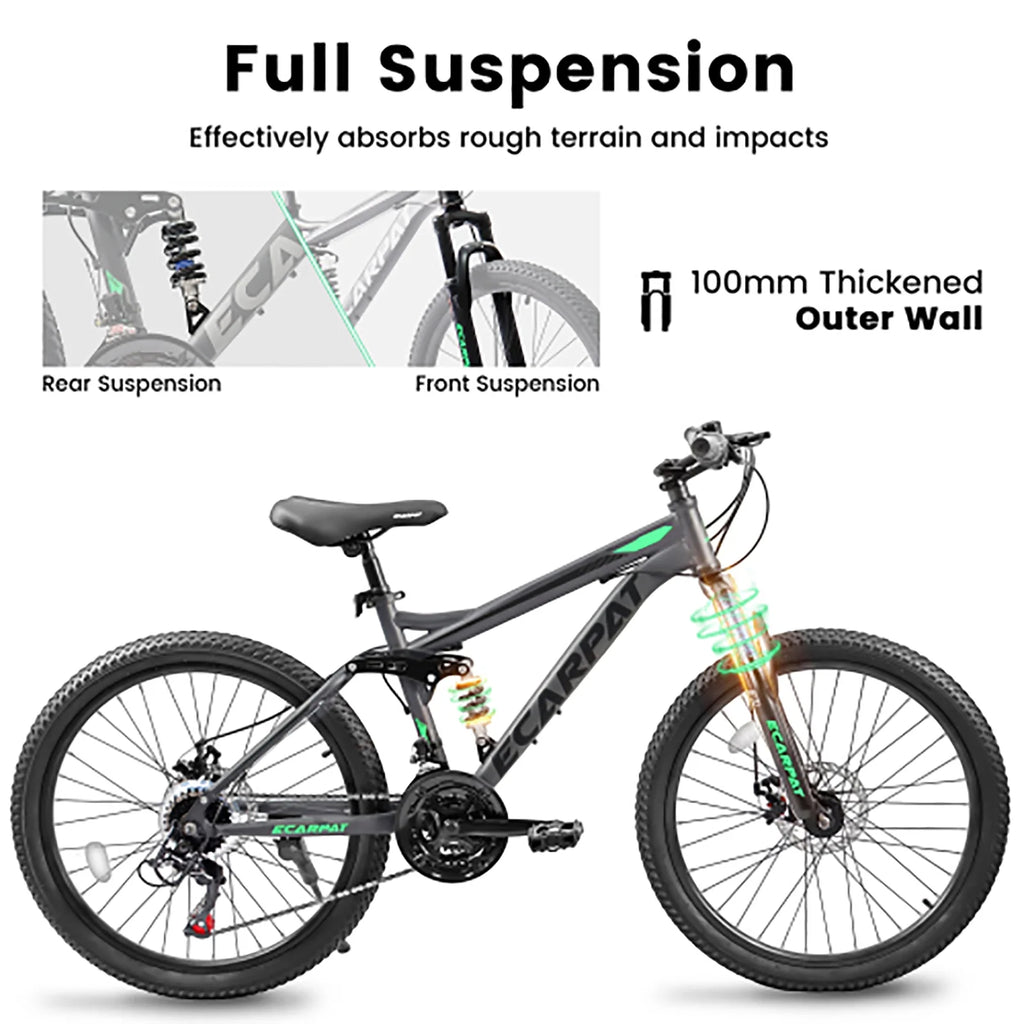 24 Inch Mountain Bike for Teenagers, High Carbon Steel Frame, Dual Full Suspension Mountain Bike, Mountain Tire, 21 Speed Mens Womens Outdoor Cycling, Birthday Gifts