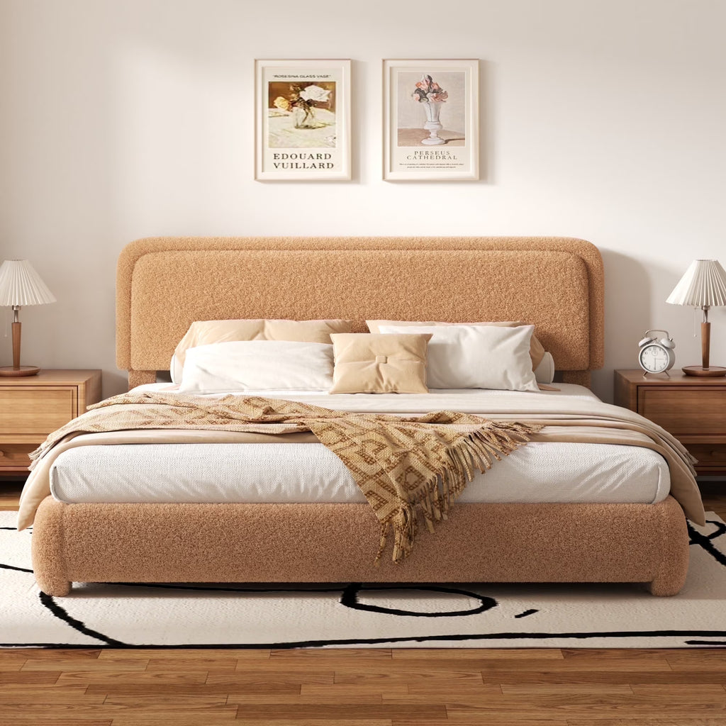 VIPLOV King Size Boucle Bed Frame, Cloud Upholstered Platform Bed with Height Adjustable Headboard & Soft Rounded Corners, No Noise Free, Easy Assembly,Beige