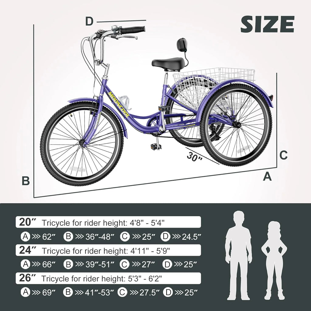 FICISOG 7 Speed Adult Tricycle for Women, 20/24/26 Inch Adult Trike with Basket, 3 Wheel Bikes for Adults Seniors, Cruise Trike for Shopping Picnic