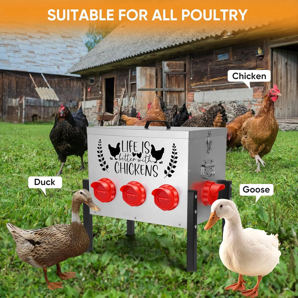 50LB Large Automatic Chicken Feeder 8 Feeding Ports, No-Waste Poultry Feeder, with Adjustable Legs & Locking Lid