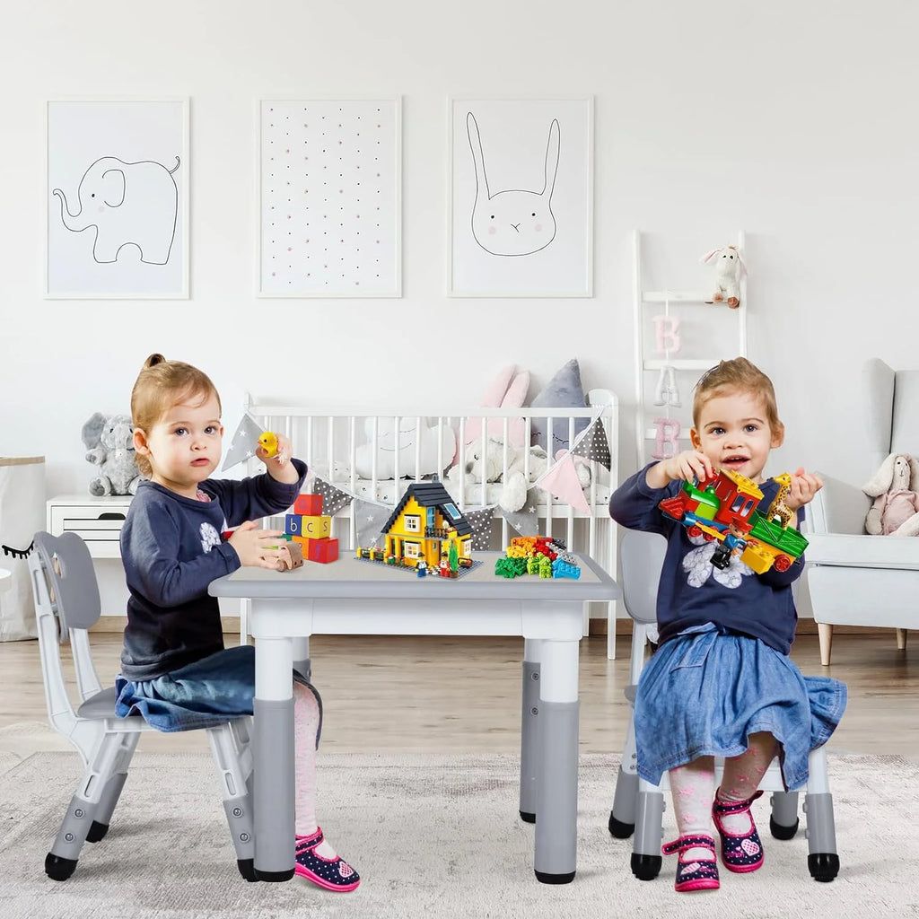 Arlopu 5 Pcs Kids Table and Chairs Set, Height Adjustable, Toddlers Activity Table & 4 Chairs Set for Study, Grey