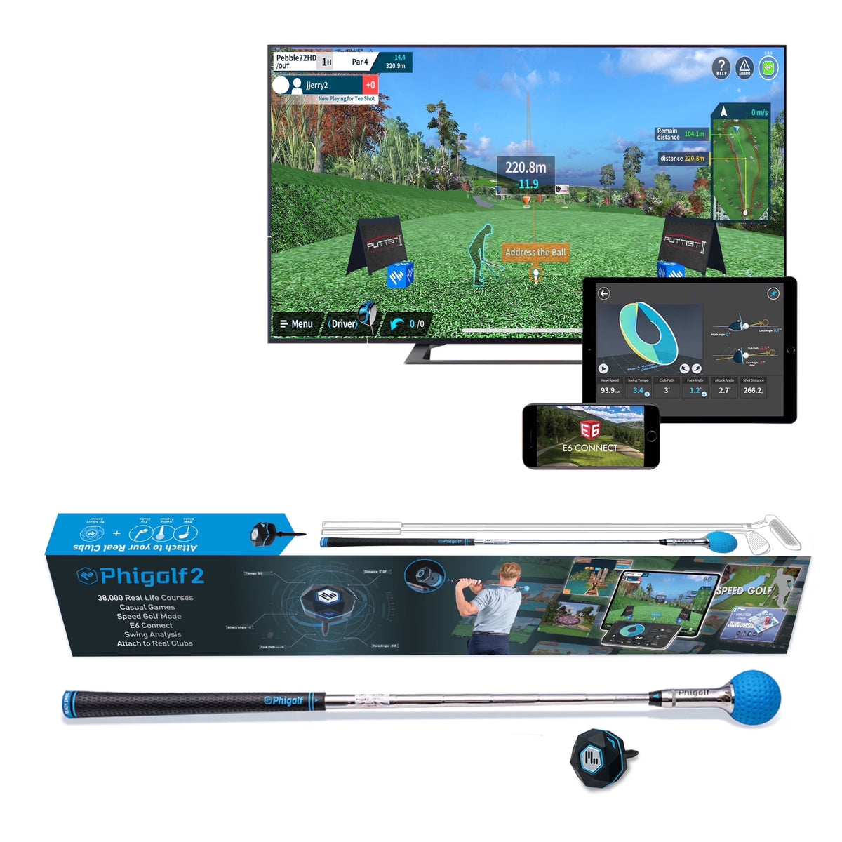 PHIGOLF Home Golf Game Simulator: Enjoy Interactive Golf with Motion Sensor & Swing Stick for Indoor & Outdoor Fun 38,000+ Courses Worldwide, Compatible with Android, iOS, App & E6 Connect