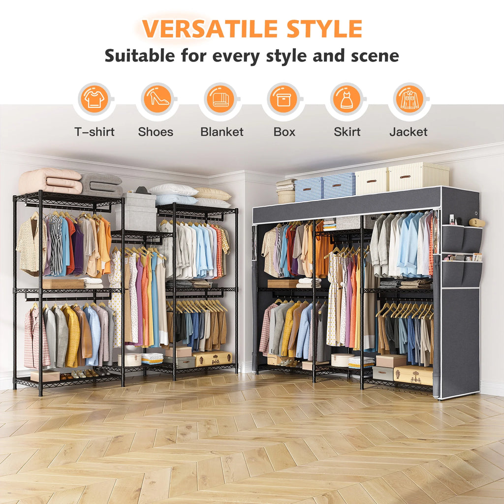 Heavy Duty Clothes Rack with Cover Loads 900LBS, Clothing Racks for Hanging Clothes, Freestanding& Adjustable Closet with Cover, Black, 74.9" Wx17.8 Dx76.9 H