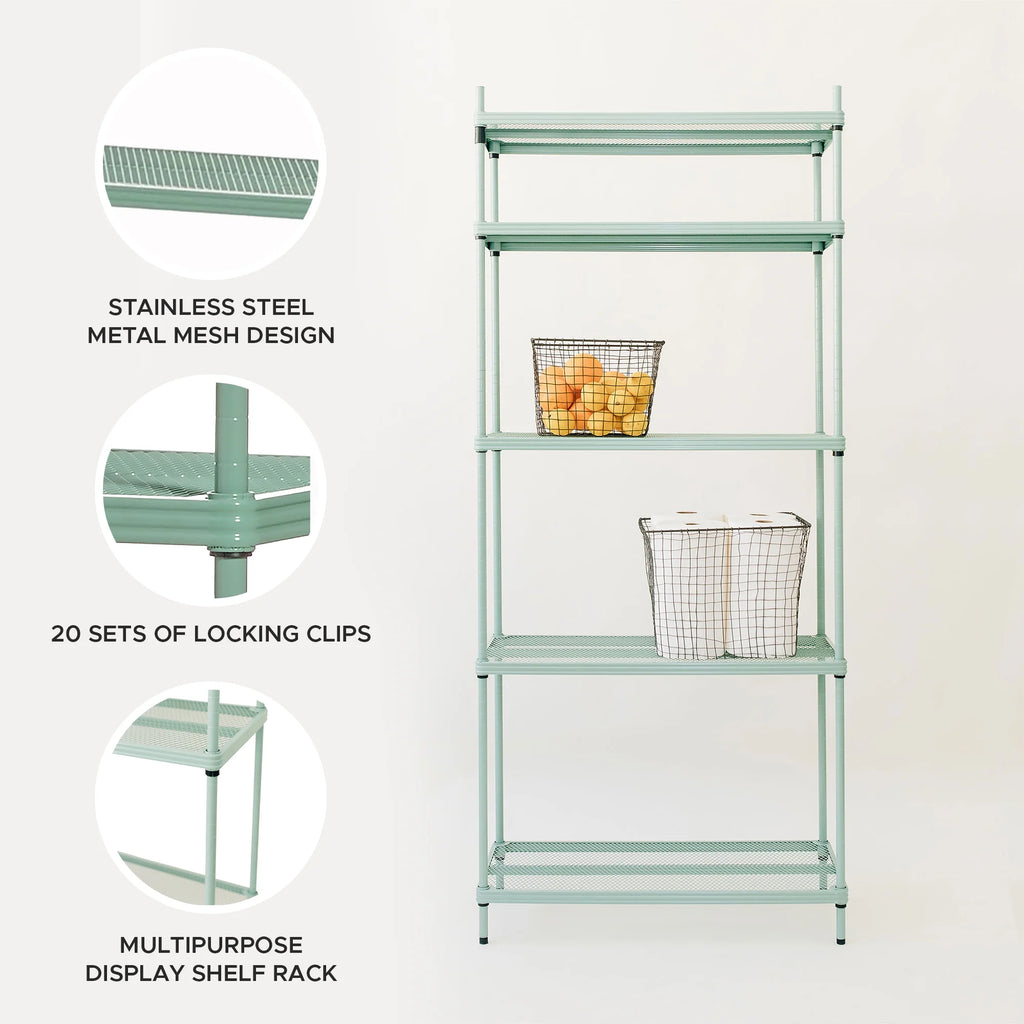 Design Ideas MeshWorks 5 Tier Steel Storage Shelving Unit Bookshelf, Green