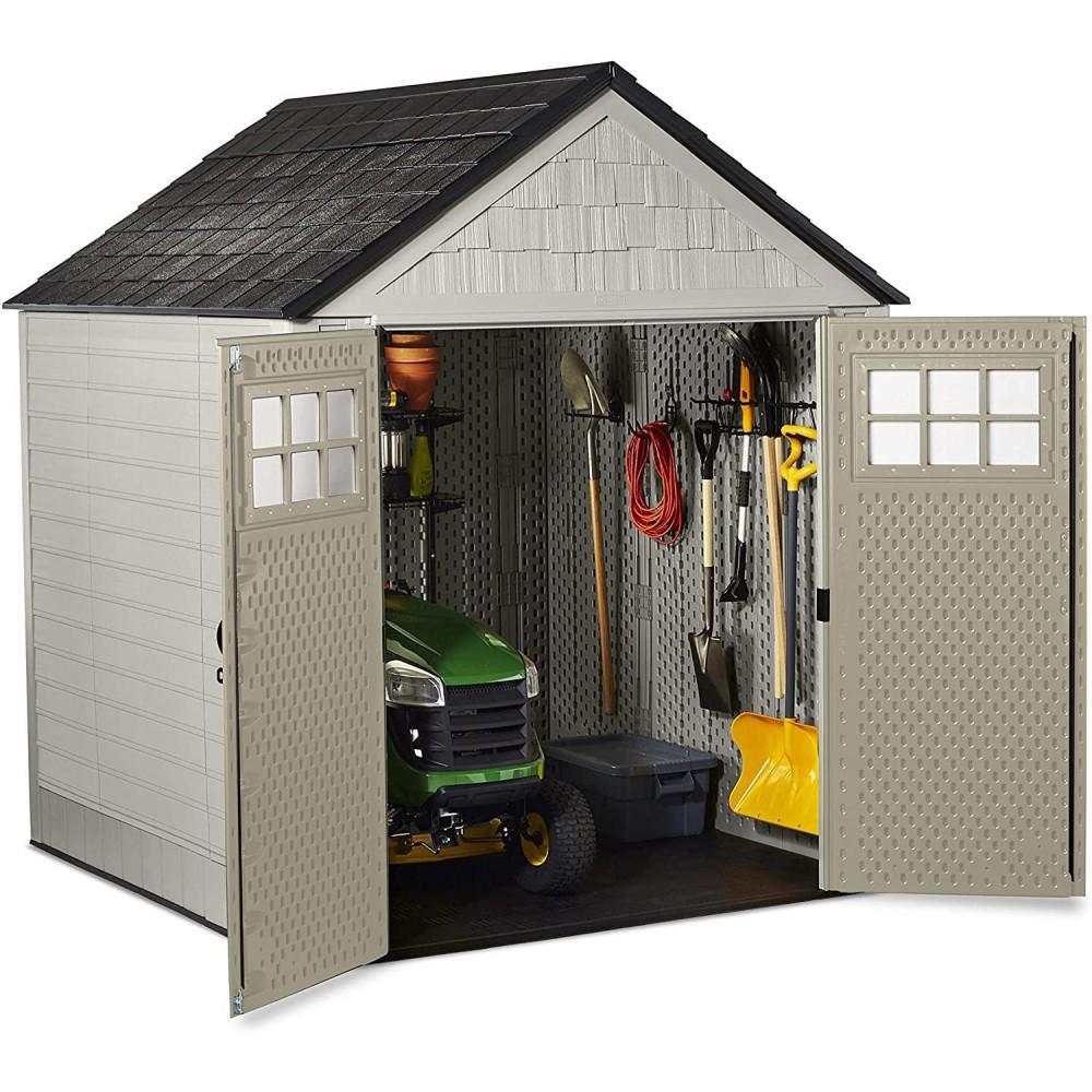 Rubbermaid 7×7 Ft Durable Weather Resistant Resin Outdoor Garden Storage Shed with Windows and Utility Hooks, Sand