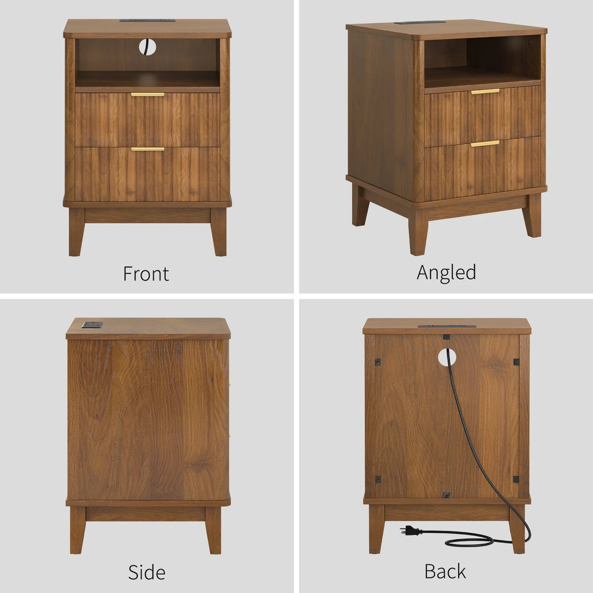Night Stand with Charger Station, Fluted Nightstand with 2 Drawers and Storage Shelf, Mid Century Modern End Table for Bedroom Living Room,Natural