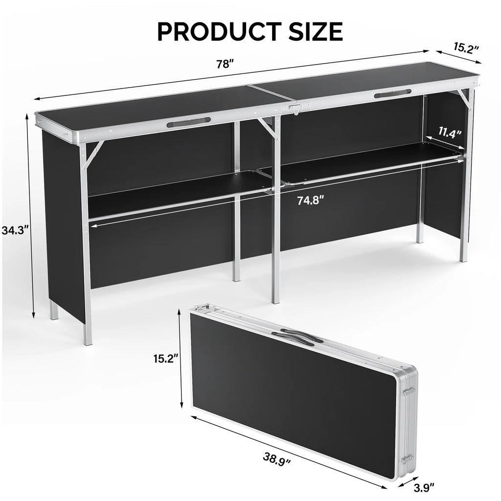 Ktaxon 78" Foldable Bar Table, Mobile Bar with 3-Tier Shelves & Carry Bag - Perfect for Events, Parties, Camping, Picnics, Tradeshows, and Both Outdoor/Indoor Use (Comes with Black Skirt, Black)