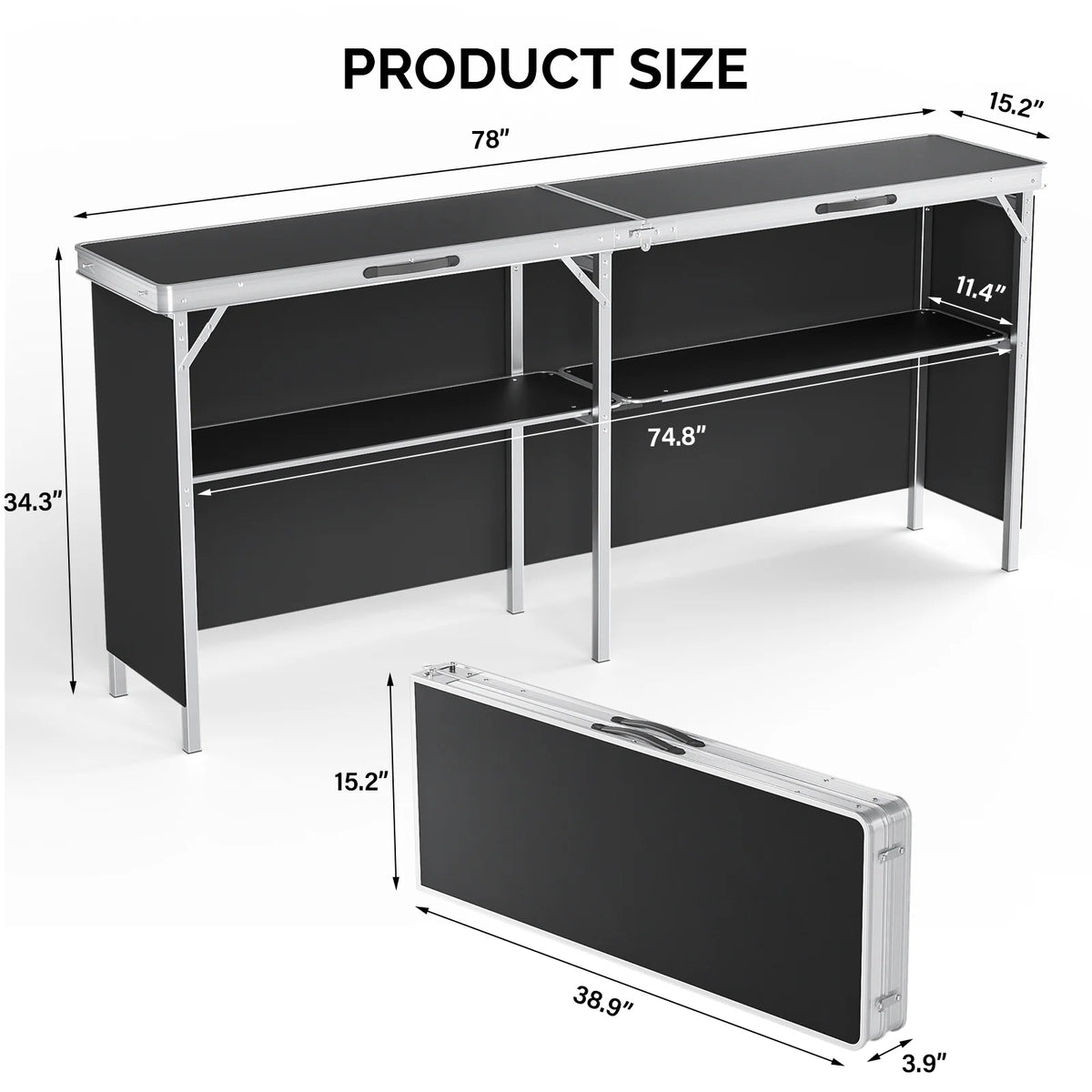 Ktaxon 78" Foldable Bar Table, Mobile Bar with 3-Tier Shelves & Carry Bag - Perfect for Events, Parties, Camping, Picnics, Tradeshows, and Both Outdoor/Indoor Use (Comes with Black Skirt, Black)