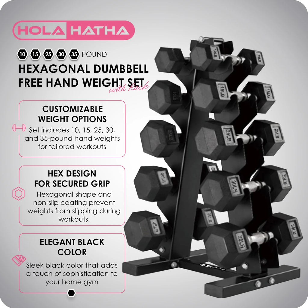 HolaHatha 10, 15, 25, 30, & 35 Pound Hexagonal Dumbbell Weight Set w/Rack