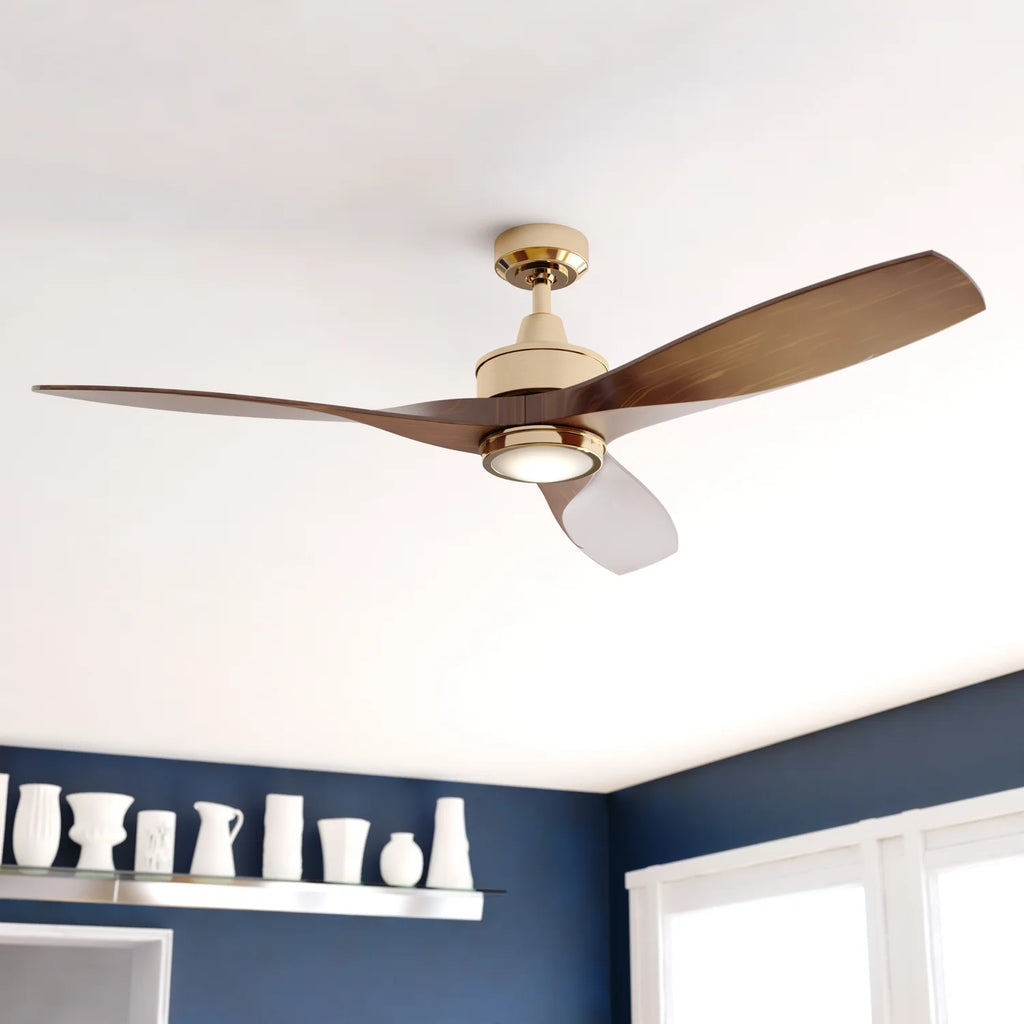 Vaxcel Curtiss Satin Brass Mid-Century Modern MCM Wood Propeller Ceiling Fan with LED Light Kit and Remote