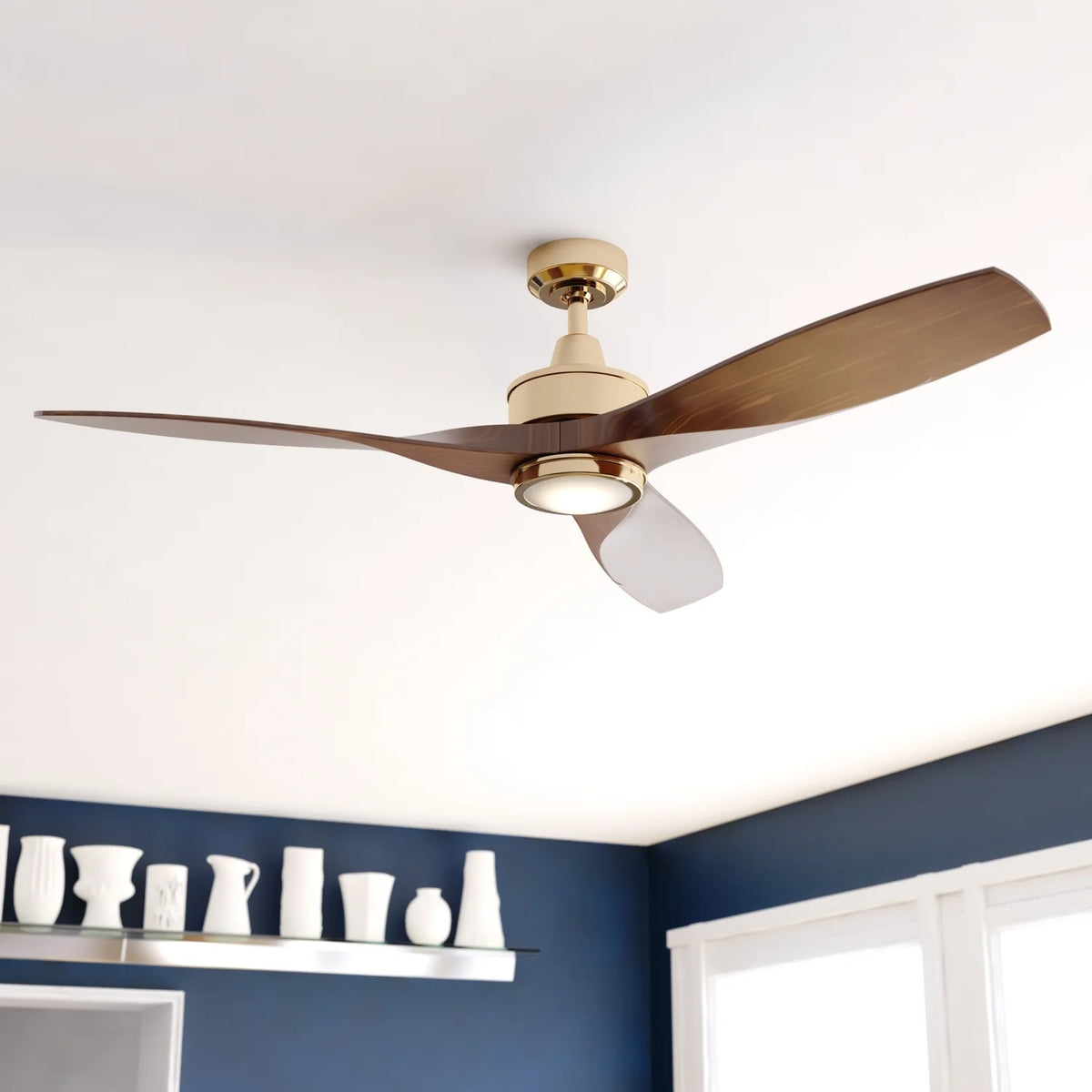 Vaxcel Curtiss Satin Brass Mid-Century Modern MCM Wood Propeller Ceiling Fan with LED Light Kit and Remote