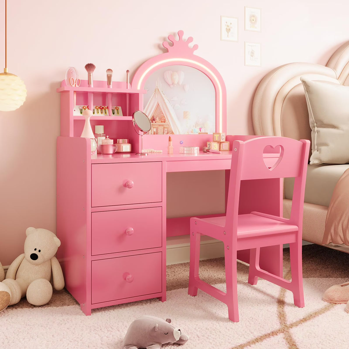 Yeshouse Princess Girls Makeup Vanity Table Set with Storage & Lights