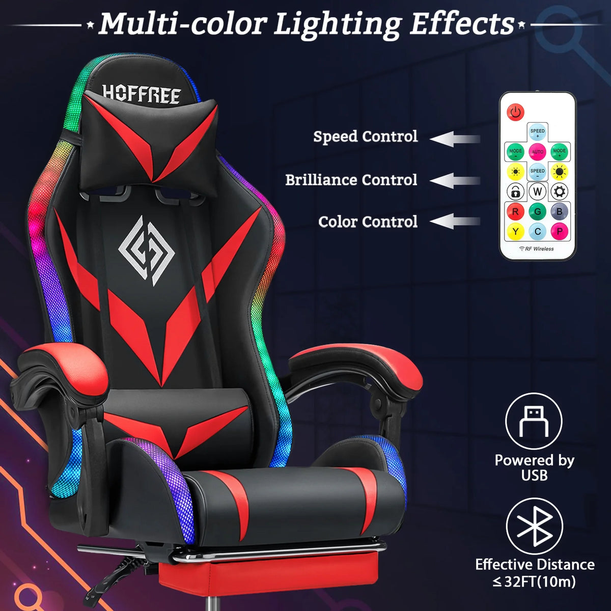 Hoffree Gaming Chair with Speakers PU Leather Office Chair with Footrest and LED Lights Ergonomic Gamer Chair with Massage Lumbar Support and Headrest Adjustable Swivel for Home Office 300lb