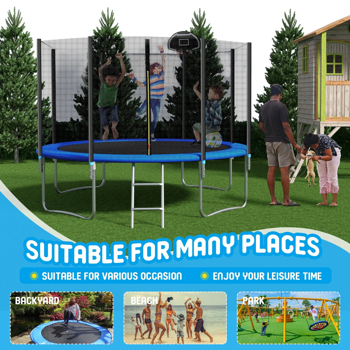 Trampoline Outdoor, 14FT Kids Trampoline with Enclosure Net and Ladder, Upgrade All-Weather Round Trampoline Curved Design with 5 Heavy-Duty Steel Legs