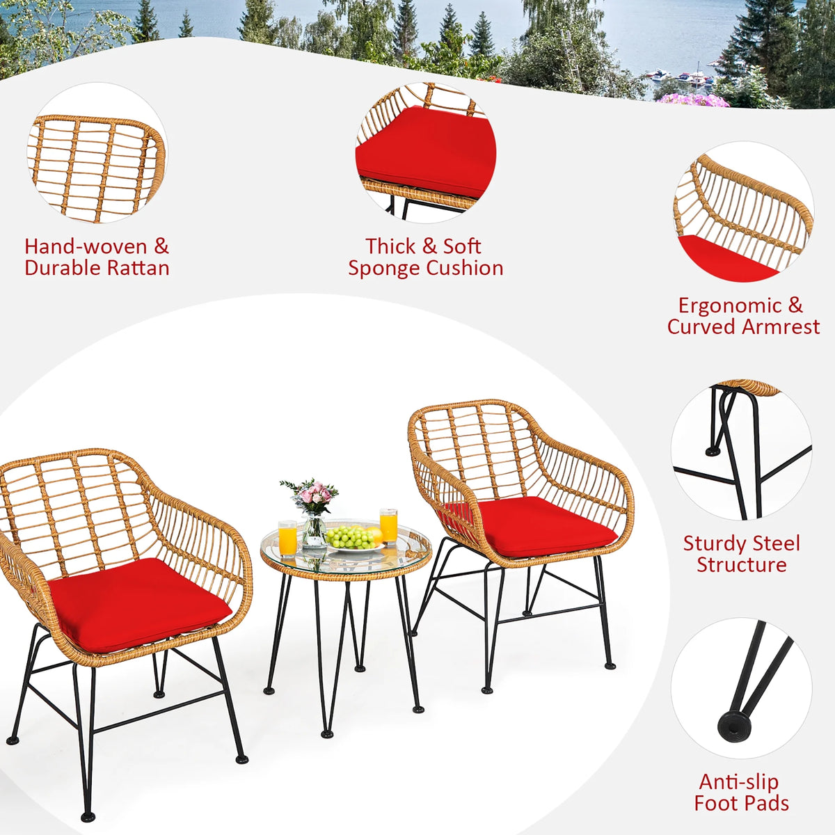 Costway 3PCS Patio Rattan Bistro Furniture Set Cushioned Chair Table Navy