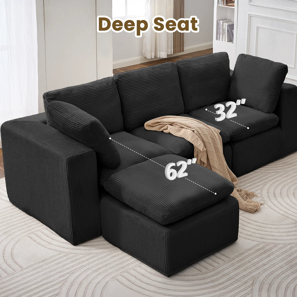 Cloud Sectional Couches for Living Room, Modular L-Shaped Sofa with Ottoman, Corduroy Sleeper Sofa Bed, No Assembly Compression Memory Foam Couch,White