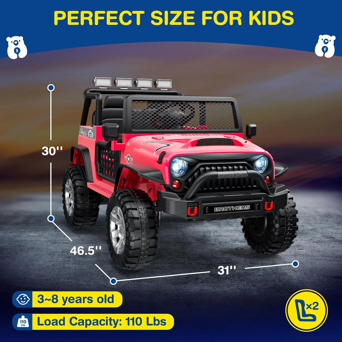 L8 Ride On Car, 2 Seater, 12V Kids Electric Car w/Remote Control, 4-Wheel Suspension, Bluetooth Speaker, Multi Music Modes, 3 Speeds, LED Lights, Xmas & Birthday Gift Ideas for Kids Ages 3+