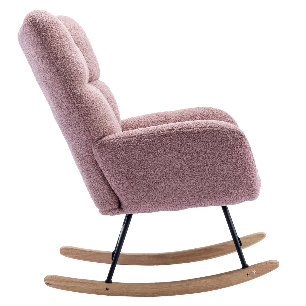 HONSIT Pink Nursery Rocking Chair, Teddy Fabric Upholstered Glider Rocker with High Backrest, Modern Rocking Accent Chairs Comfy Side Chair for Nursery, Bedroom, Living Room