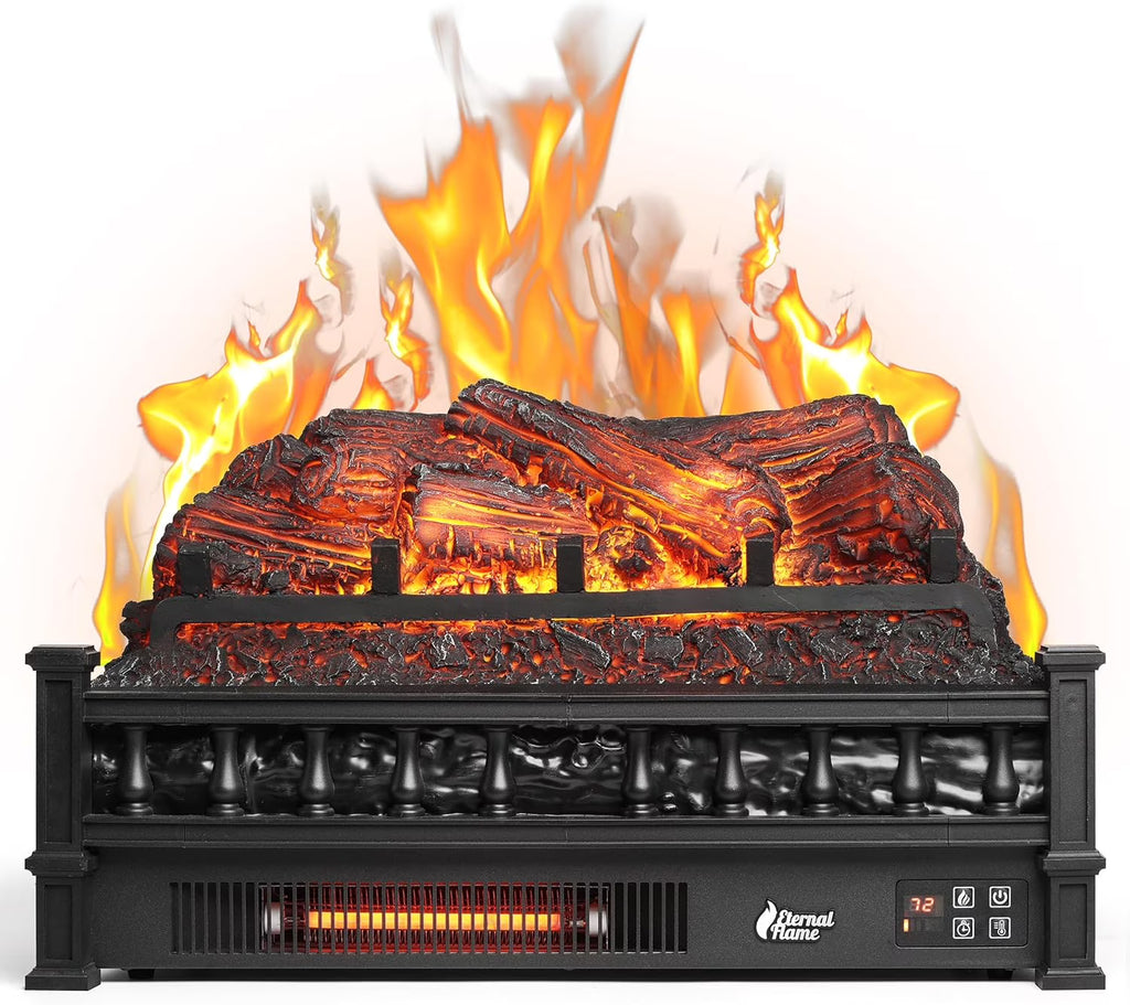 TURBRO Eternal Flame Infrared Electric Fireplace Logs, 23" Remote Control Fireplace Insert Log Heater, Realistic Lemonwood Ember Bed, Thermostat, Timer, 1500W Black
