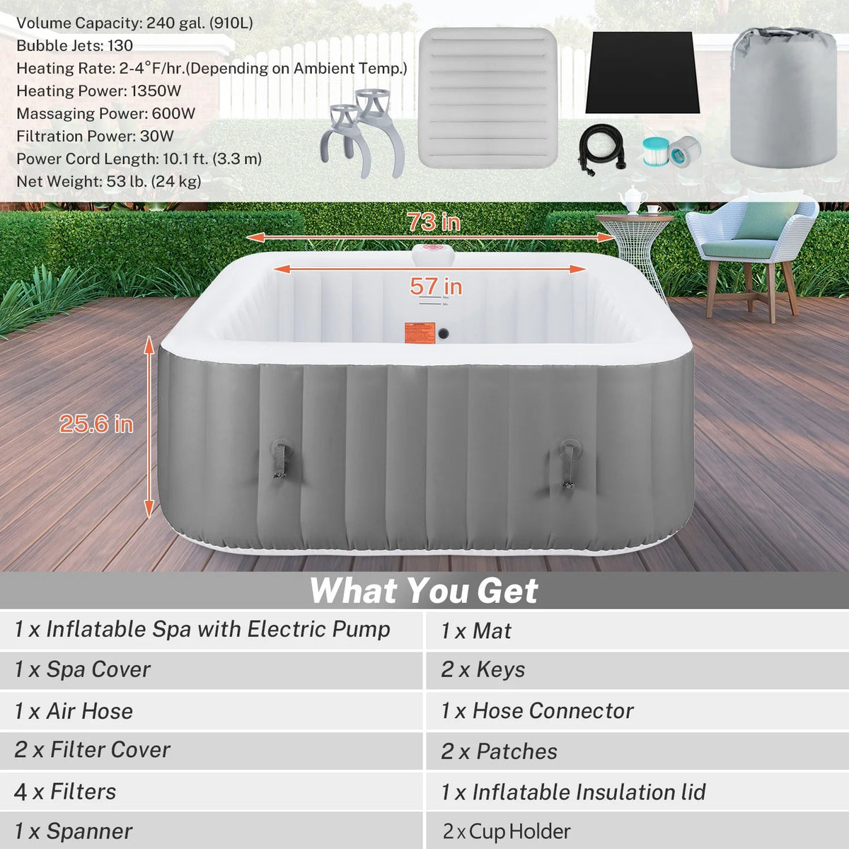 Hot Tub for 4-6 Person, Seizeen Outdoor Patio Large Inflatable Hot Tub Home SPA, with 130pcs Massage Jets, 910L, 4 Filters, 2 Cup Holders, Lockable Cover, Storage Bag, Max 104, 73in, Navy