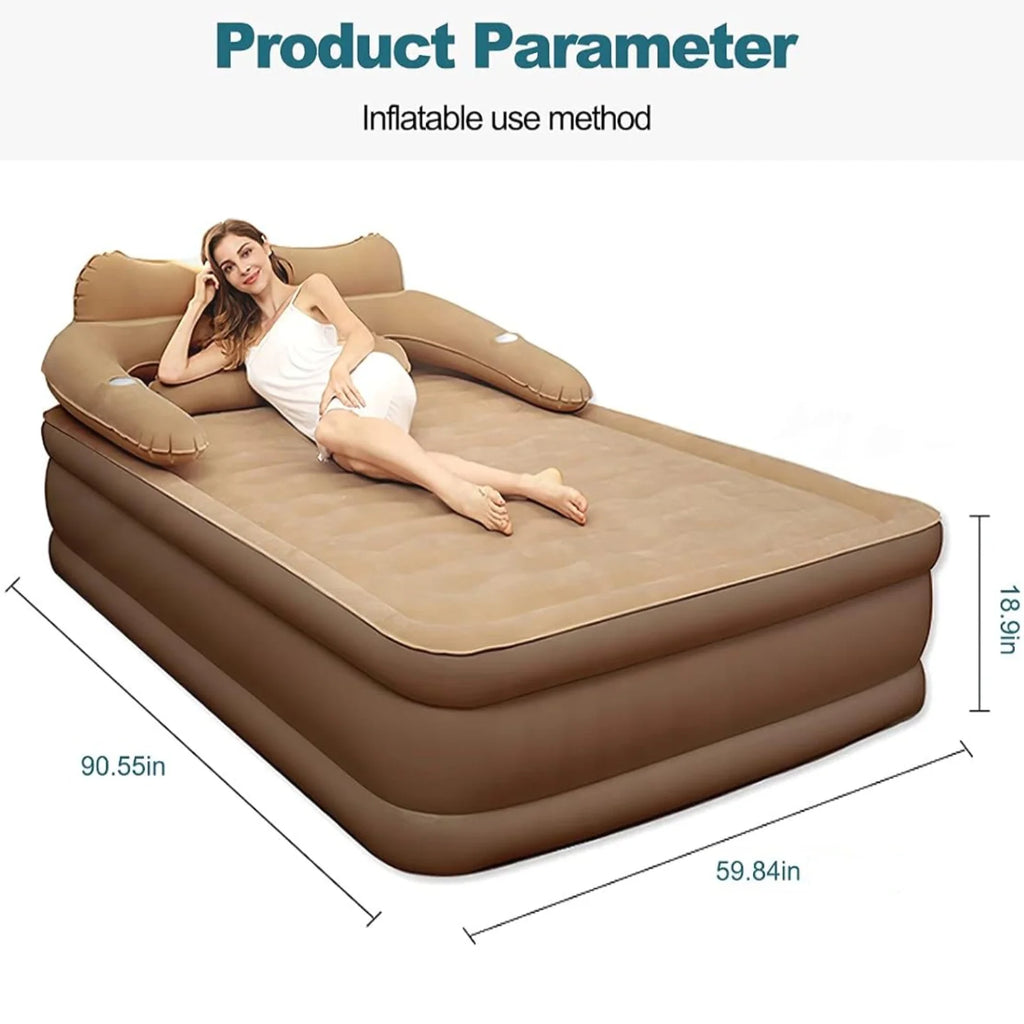 OUYI Inflatable Bed Double Leak-proof mattress with Electric Pump & Pillows Removable Backrest Multifunctional Foldable Air Sofa Guest Bed, 600lb Max(White, Queen Size)