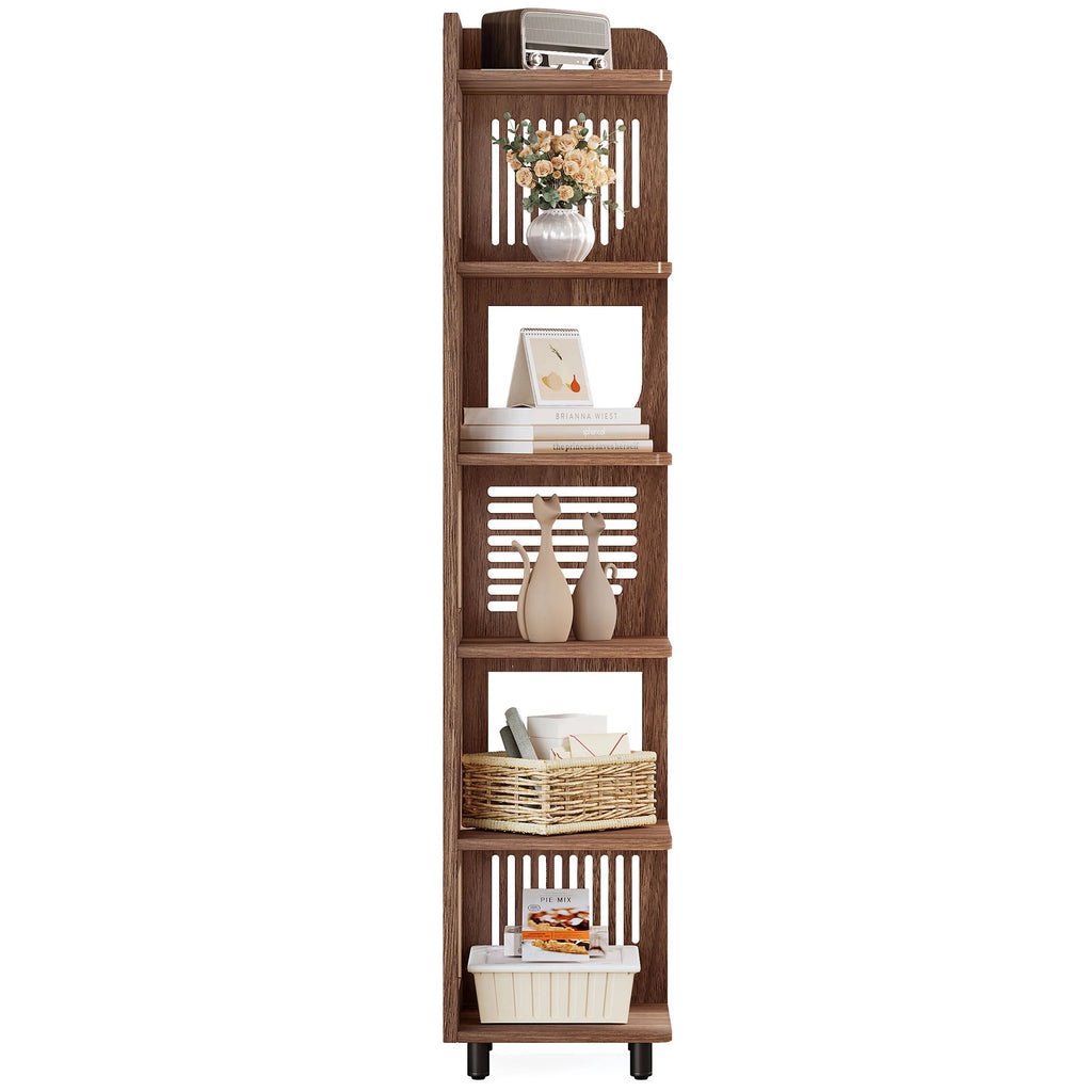 Fnova 71" 6-Tier Tall Corner Bookshelf, Rustic Wooden Narrow Corner Bookcase with Artistic Square Rack, Freestanding Display Storage Shelf for Space-Saving Home Organizing