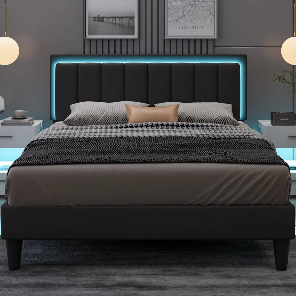 4 EVER WINNER Queen LED Bed Frame, Upholstered Bed Frame with LED Light Headboard, Black