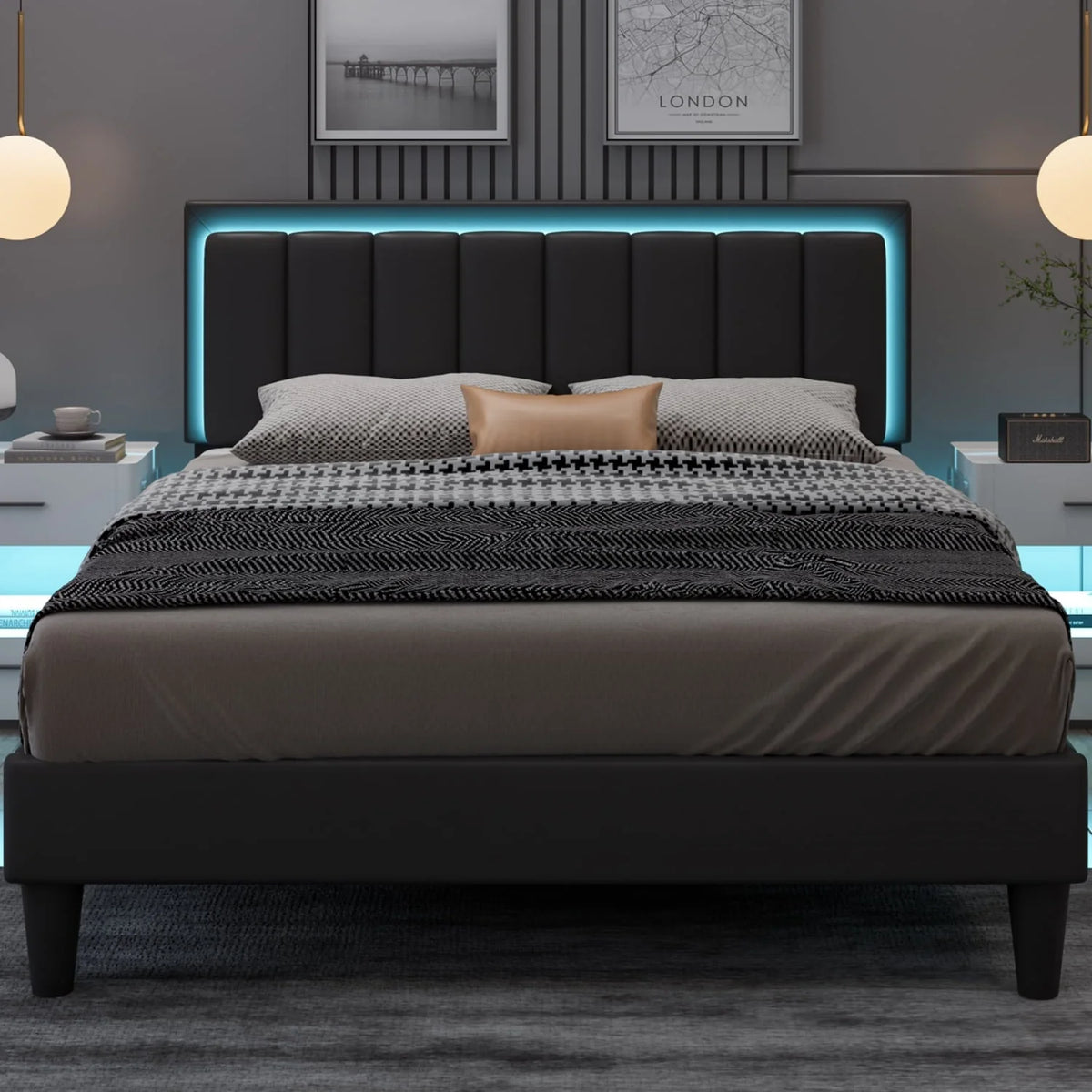4 EVER WINNER Queen LED Bed Frame, Upholstered Bed Frame with LED Light Headboard, Black
