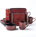 Square Stoneware 16pc Dinnerware Set for 4, Dinner Plates, Side Plates, Cereal Bowls, Mugs - Reactive Glaze Red