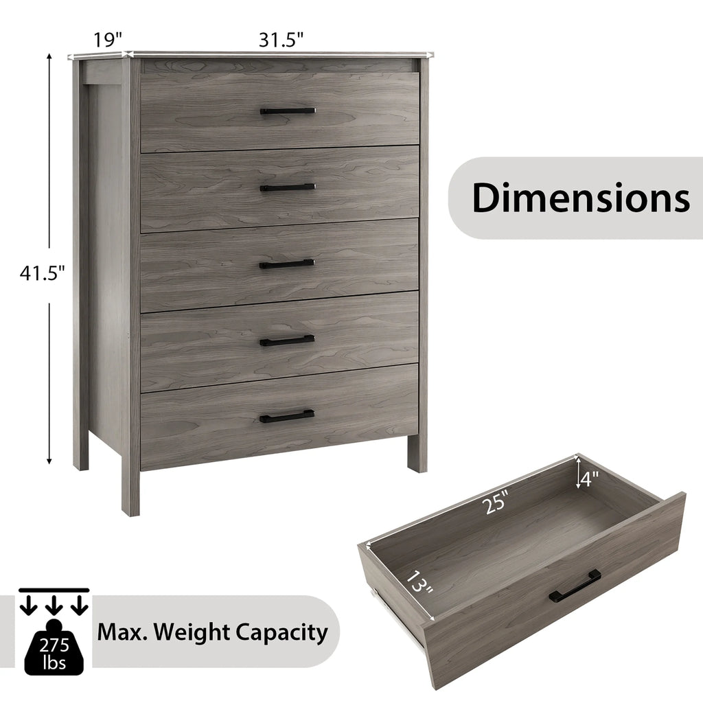 Costway Modern 5 Drawer Chest Storage Dresser Cabinet with Metal Handles Gray Oak