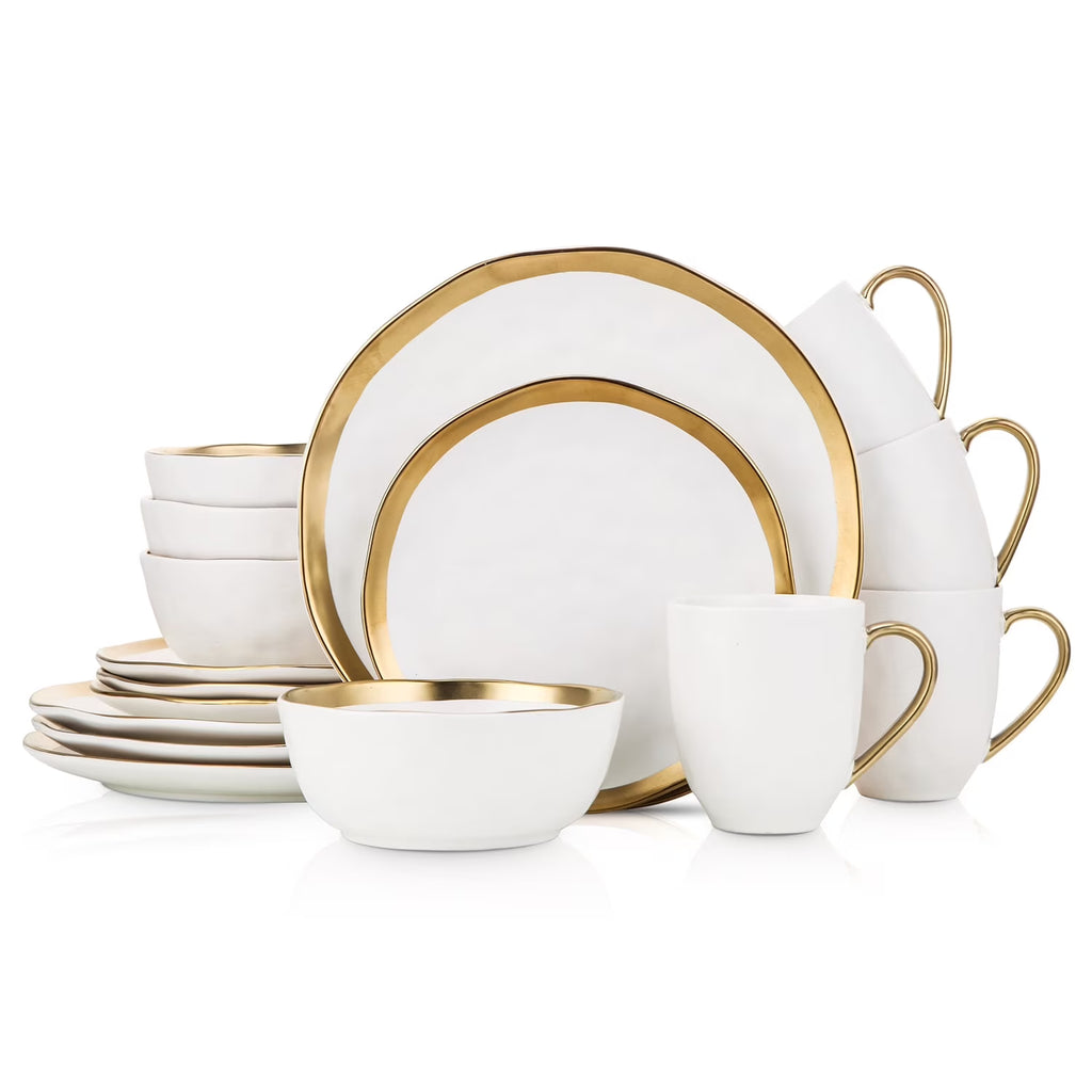 Stone Lain Florian Modern Porcelain Dish Set, 16-Piece Dishes for 4, Gold and Navy