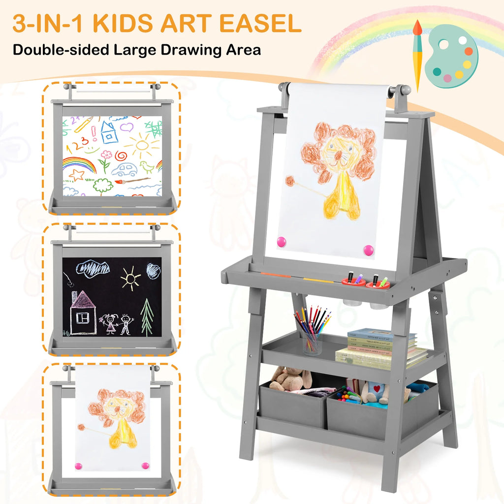 LINLUX 3 in 1 Art Easel for Kid, Whiteboard for Kid with Stand, Magnetic Chalkboard Pizarra, Grey