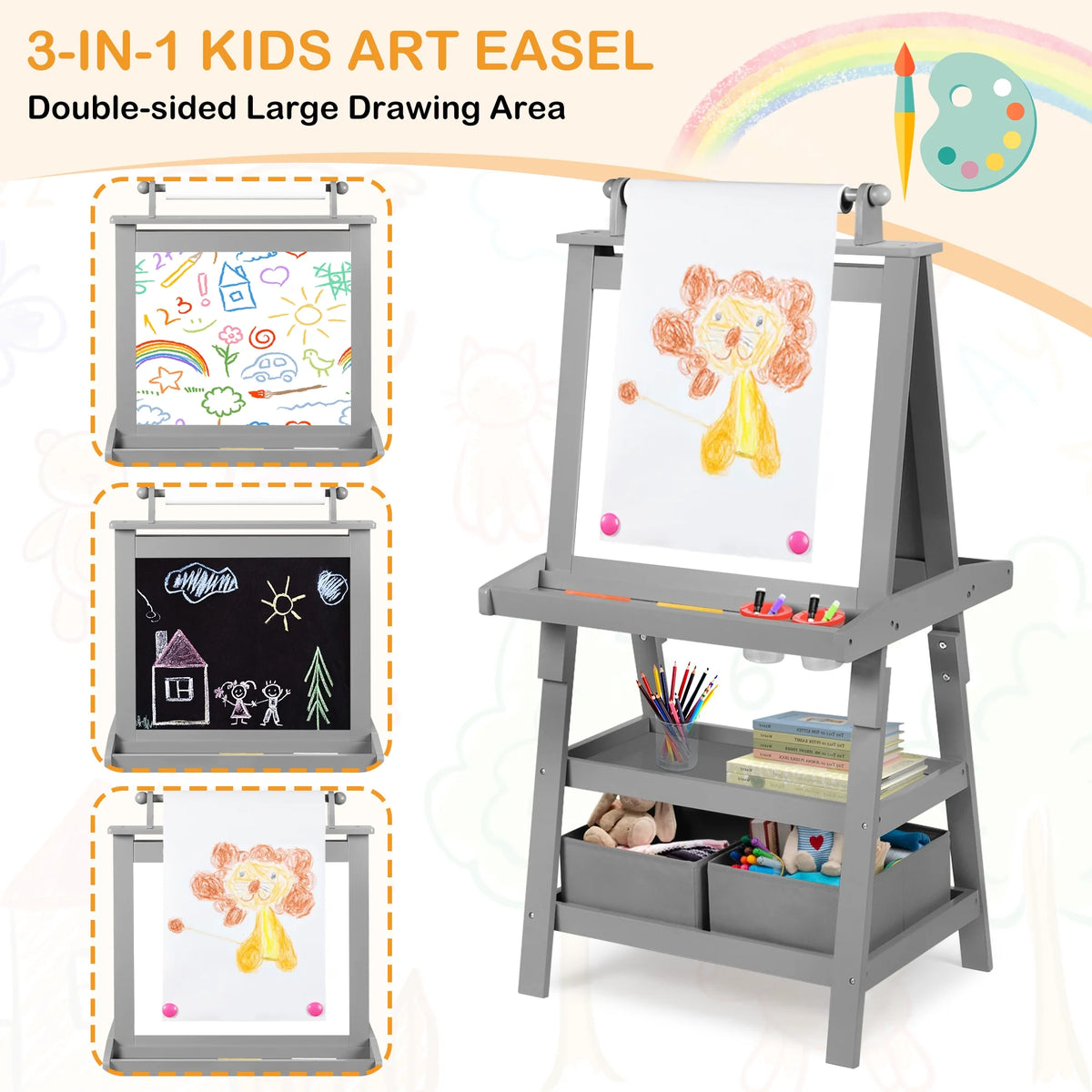 LINLUX 3 in 1 Art Easel for Kid, Whiteboard for Kid with Stand, Magnetic Chalkboard Pizarra, Grey