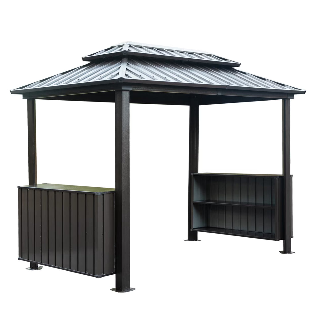 6x10 FT Shade Grill Gazebo, Outdoor BBQ Gazebo with Double Galvanized Steel Roof, Patio Grill Canopy with 2 Cabinets and Ceiling Hooks for Backyard, Lawn, Garden, Backyard, Brown