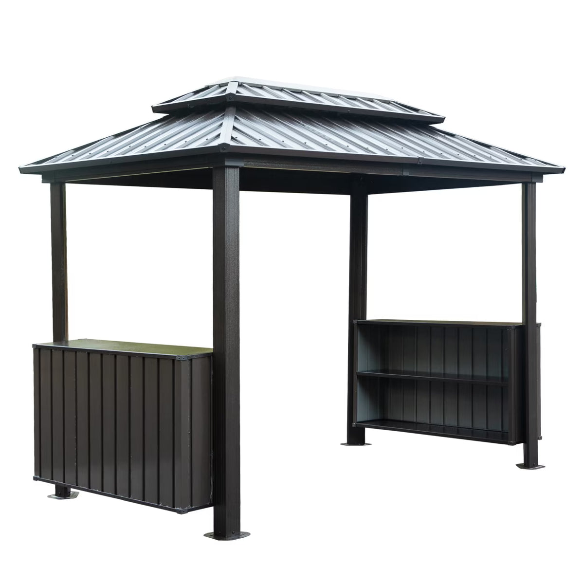 6x10 FT Shade Grill Gazebo, Outdoor BBQ Gazebo with Double Galvanized Steel Roof, Patio Grill Canopy with 2 Cabinets and Ceiling Hooks for Backyard, Lawn, Garden, Backyard, Brown