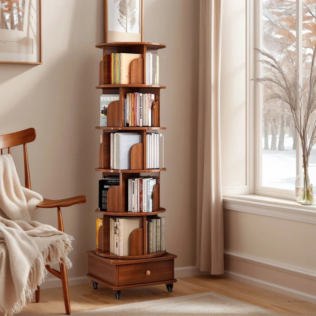 Qiushi 6-Tier Round Rotating Bookshelf with Storage Drawer, 360 Spinning Corner Bookshelf Tower for Small Space, Bookcase Storage Rack with Wheels, Wood Narrow Organizer for Bedroom, Living Room
