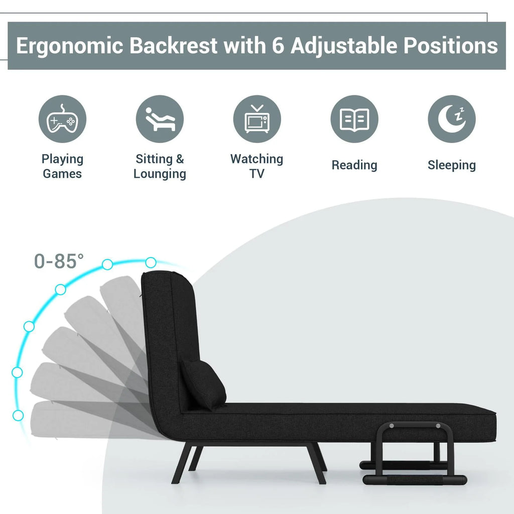 Giantex Convertible Sofa Chair Bed, Leisure Recliner Sleeper w/ 6 Adjustable Position Backrest into Lounge Seat, Folding Sofa Bed w/High Elastic Sponge, Durable Steel, Ideal for Home, Office (Black)