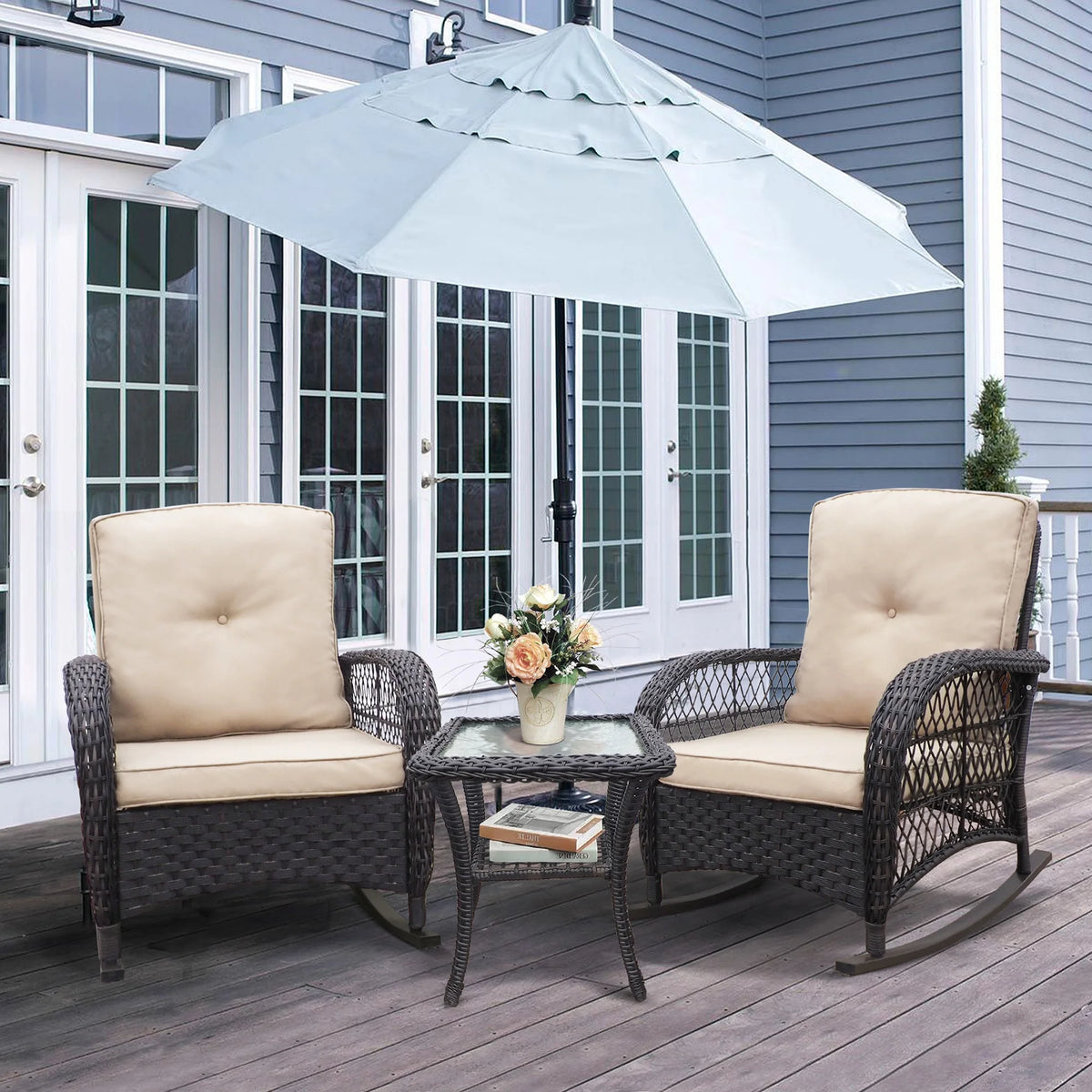 JP Outdoor 3Pcs Outdoor Wicker Rocking Porch Chairs with Coffee Table,Kahki