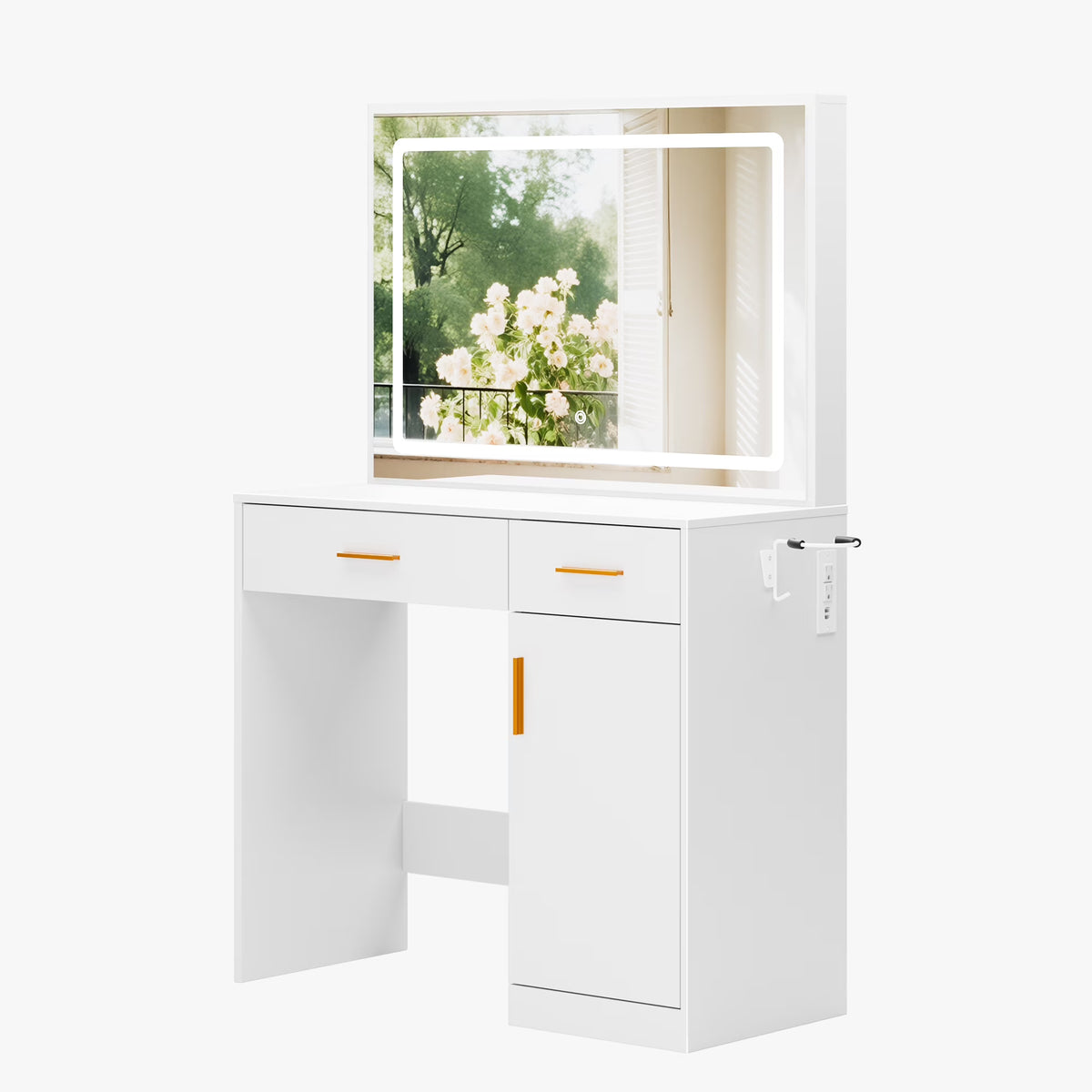 MCQ Dressing Table with Mirror and Light, Adjustable Brightness Dressing Table with Drawers and Storage Shelves, White
