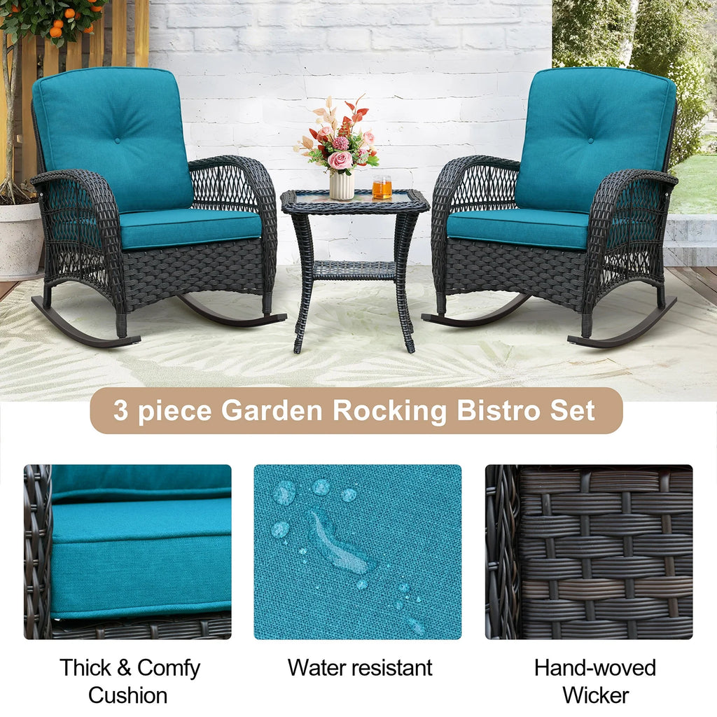 JP Outdoor 3Pcs Outdoor Wicker Rocking Porch Chairs with Coffee Table,Kahki