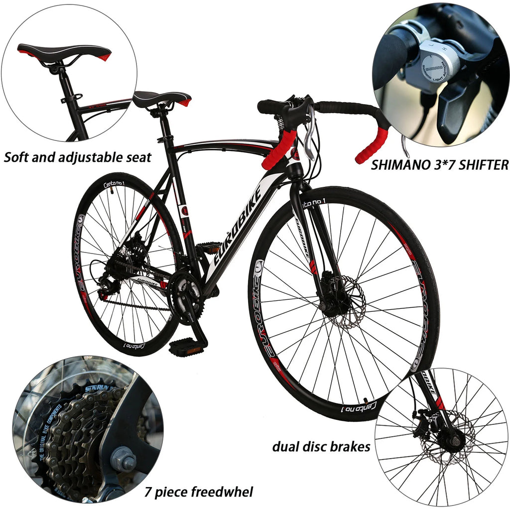Eurobike XC550 Road Bike 21 Speed 700C wheels Racing Bike for Men 54Cm Adult Commuter Bicycle 3 Spoke wheels Black