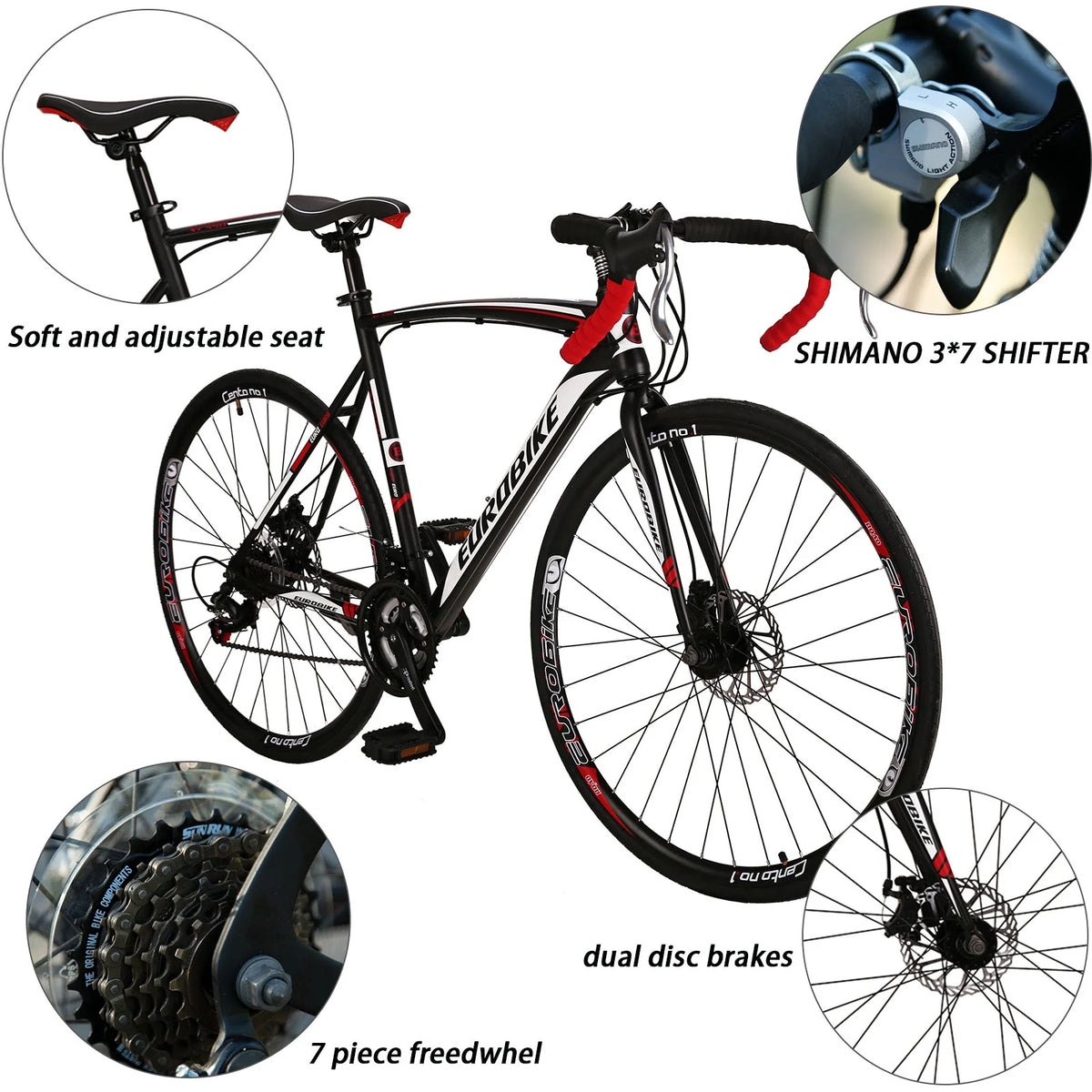 Eurobike XC550 Road Bike 21 Speed 700C wheels Racing Bike for Men 54Cm Adult Commuter Bicycle 3 Spoke wheels Black