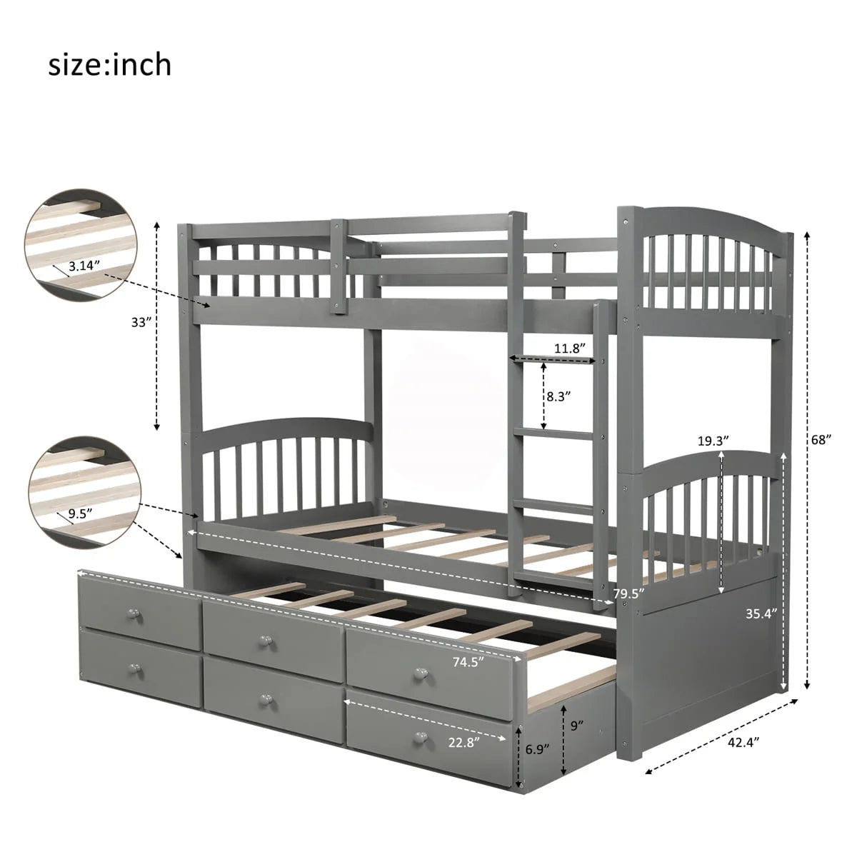 Twin-Over-Twin Bunk Bed with 3 Storage Drawers, Twin Bunk Bed Frame with Ladder & Safety Rail, Pinewood Trundle Bunk Bed for Teen Bedroom, Guest Room Furniture, Can be Convertible to 2 Beds, Gray