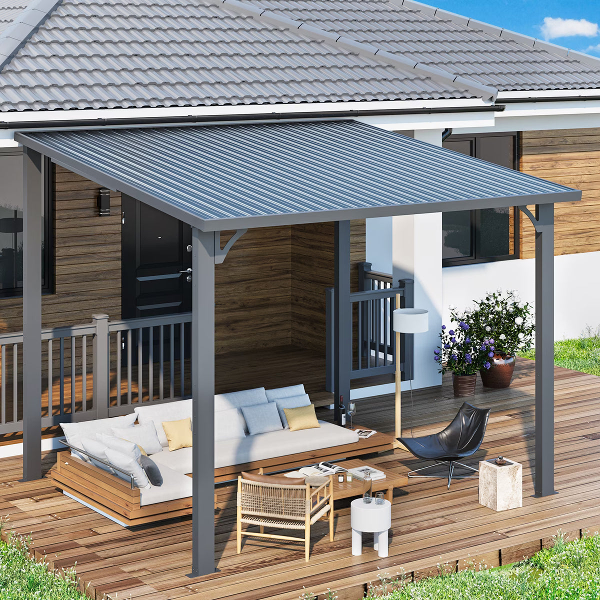 AECOJOY 10' x 12' Hardtop Gazebo, Heavy Duty Outdoor Gazebo with Galvanized Steel Sloping Roof, All Weatherproof Metal Gazebo Featuring Vertical Stripes for Patio, Backyard, and Lawns