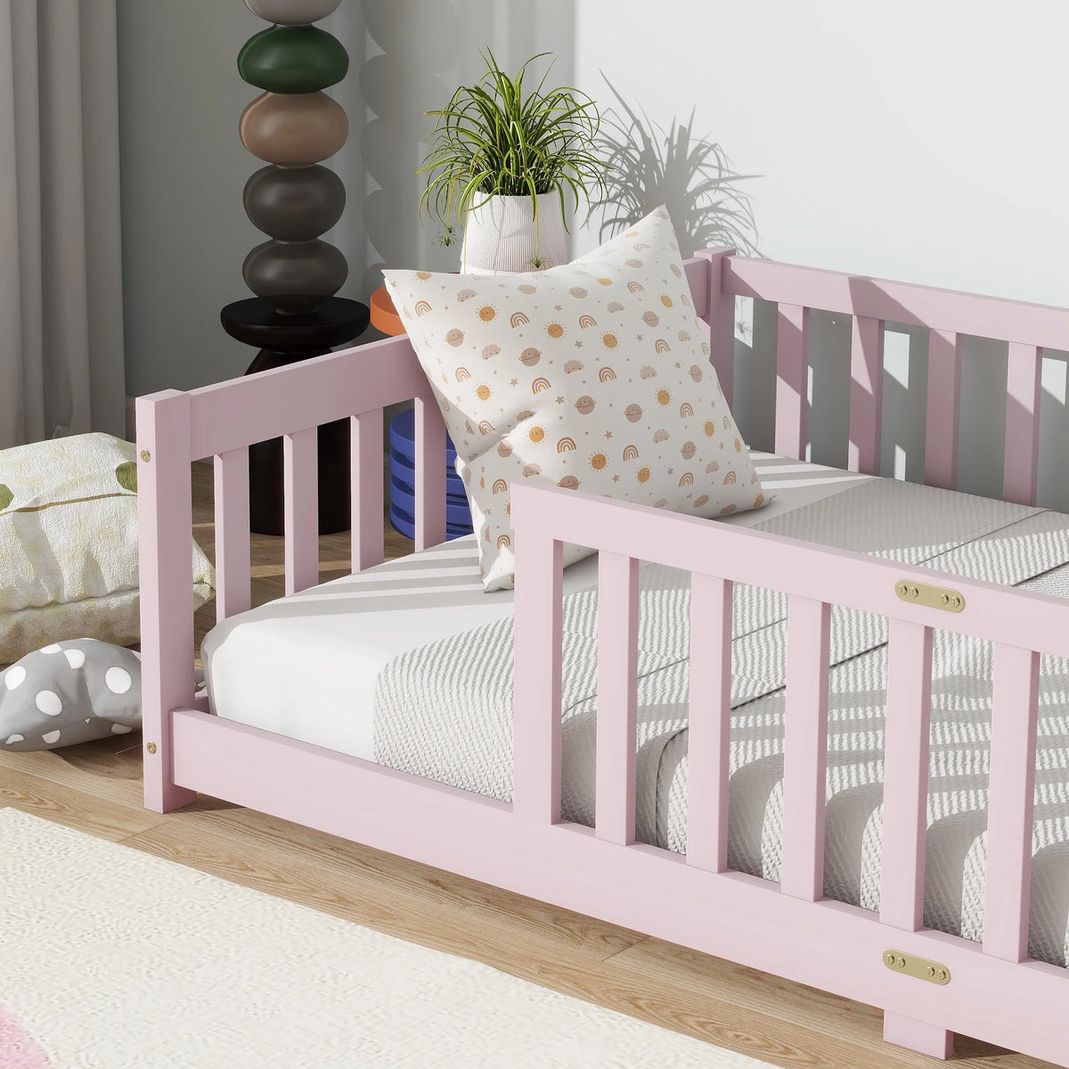 Miniyam Wooden Twin Size Floor Bed with Safety Fence for Kids, Natural